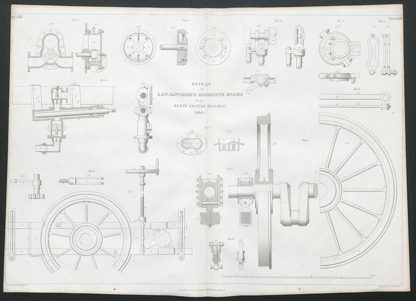 19C ENGINEERING DRAWING Locomotive engine details. North British Railway 1847